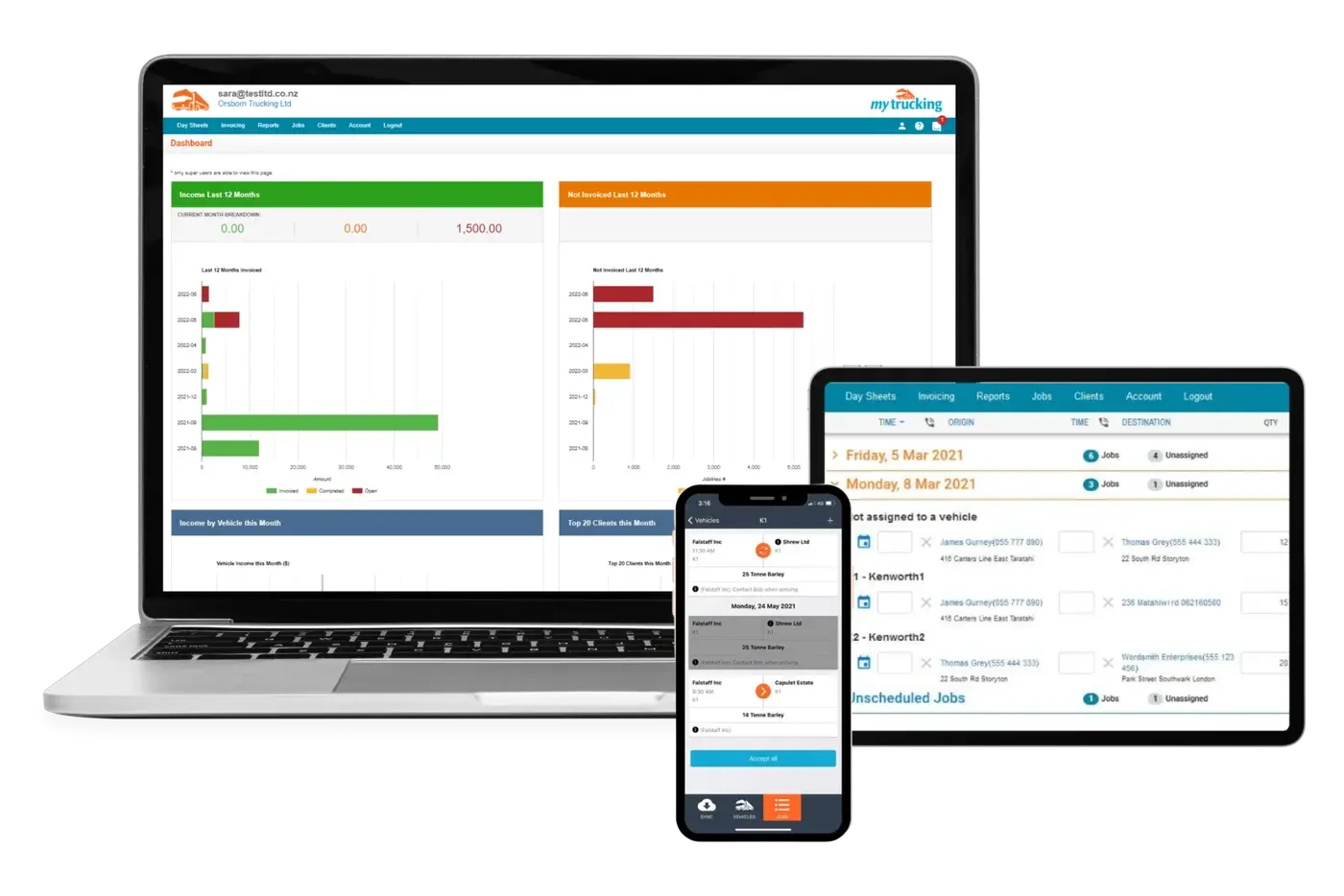 MyTrucking income dashboard, job and invoicing screens on a laptop, tablet and phone