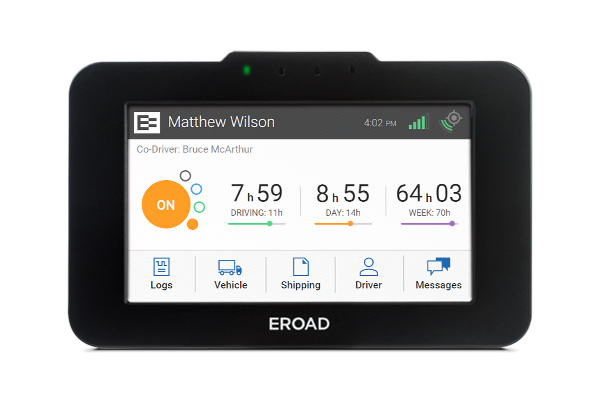 EROAD ELD device displaying driver's HOS screen