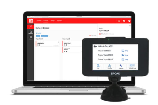 EROAD Inspect DVIR Defect board on laptop and Vehicle and Trailer info displayed on Ehubo device