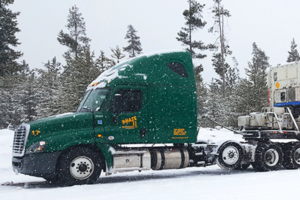 Phase II Transportation green truck in snowy forest