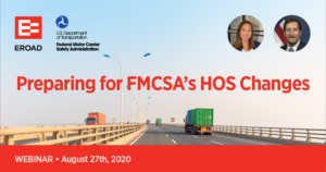 Intro slide, Preparing for FMCSA's HOS Changes webinar, with FMCSA's Joe DeLorenzo and EROAD's Soona Lee