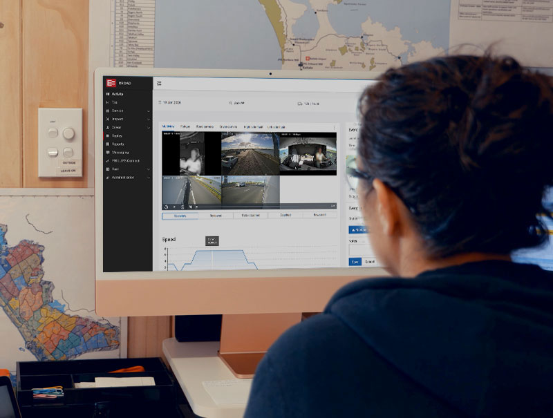 The EROAD platform showing multi-camera views from a truck, demonstrating the unified vehicle telematics and video system